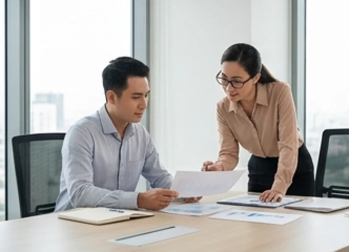 Hai đối tác kinh doanh thảo luận hợp đồng chiến lược phát huy thế mạnh bù trừ giữa Giản Hạ Thủy và Kiếm Phong Kim