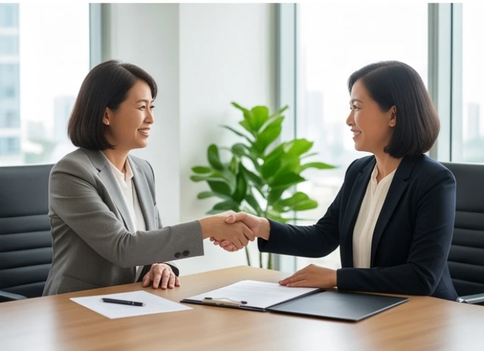 Hai nữ doanh nhân trao đổi hợp đồng trong không gian phòng làm việc tràn ngập ánh sáng