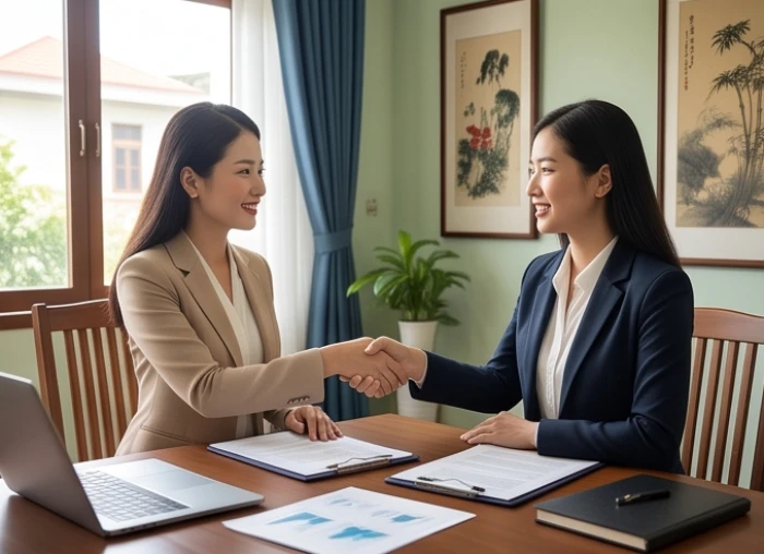 Hai người phụ nữ mặc trang phục thanh lịch đang bắt tay hợp tác kinh doanh trên bàn làm việc