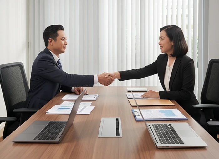 Hai đối tác kinh doanh bắt tay vui vẻ bên bàn làm việc trong không gian văn phòng trang nhã