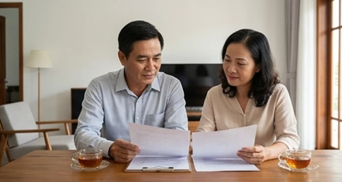 Hai đối tác kinh doanh cùng ngồi bàn bạc dự án trong không gian phòng khách thanh lịch mang trường khí hòa hợp