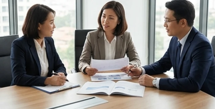 Cuộc họp ba người tại văn phòng có nhân sự trung gian điều phối giúp giảm xung đột tứ hành xung tuổi thìn