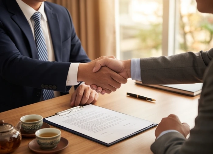Hai người đàn ông mặc vest lịch sự đang mỉm cười bắt tay ký kết hợp tác trên chiếc bàn gỗ lớn