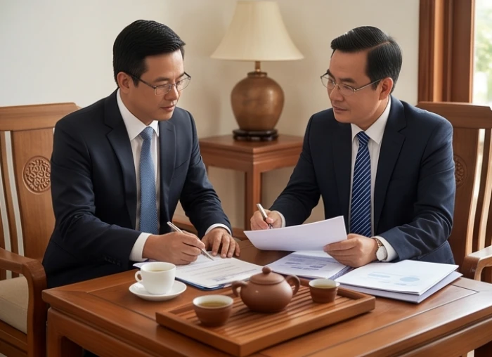 Hai người đàn ông trung niên thảo luận công việc bên bàn trà mang phong cách thiết kế Á Đông