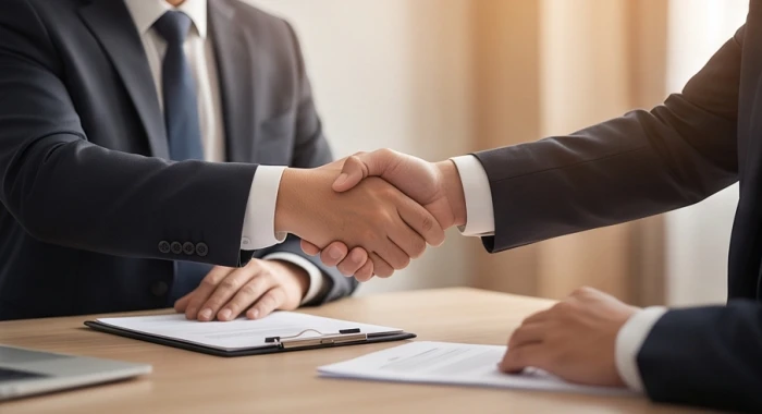 Hai người đàn ông bắt tay nhau sau khi ký kết thành công thỏa thuận hợp tác kinh doanh