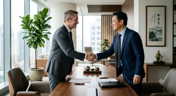 Hai đối tác đang bắt tay nhau sau khi ký kết thành công thỏa thuận góp vốn đầu tư kinh doanh