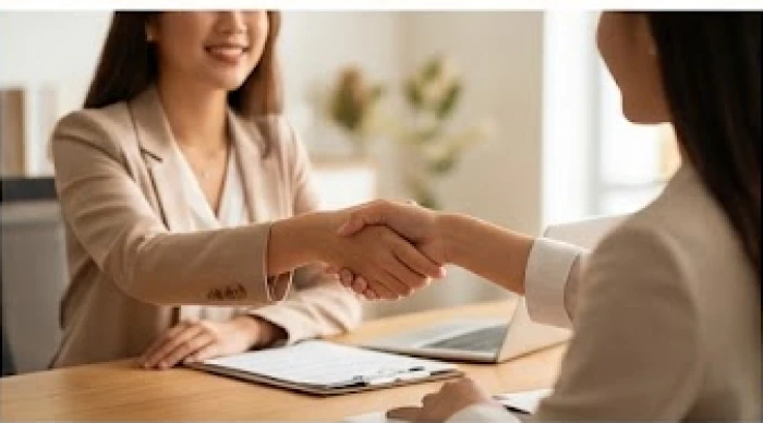 Hai người phụ nữ mặc trang phục công sở đang bắt tay hợp tác trước bản hợp đồng
