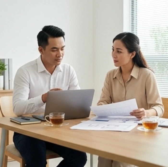 Buổi trao đổi công việc cởi mở giữa hai đối tác kinh doanh tại phòng khách sang trọng ngập tràn ánh nắng