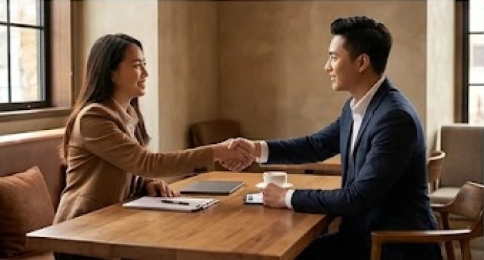 Hai đối tác doanh nhân đang bắt tay thân thiện qua chiếc bàn gỗ màu nâu trong không gian quán cà phê ấm cúng