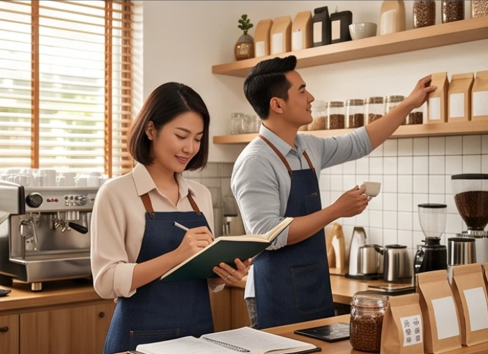 Hai đối tác đang cùng nhau kiểm tra sổ sách và lên kế hoạch phát triển cho cửa hàng kinh doanh đồ uống
