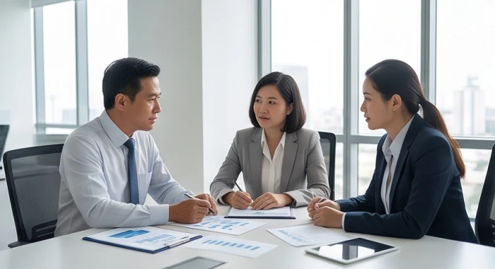 Cuộc họp đàm phán hợp tác thương mại với sự tham gia của nhân sự quản lý tài chính trung gian