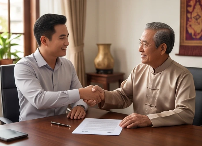 Cái bắt tay hợp tác giữa hai người đàn ông trong không gian làm việc chuyên nghiệp