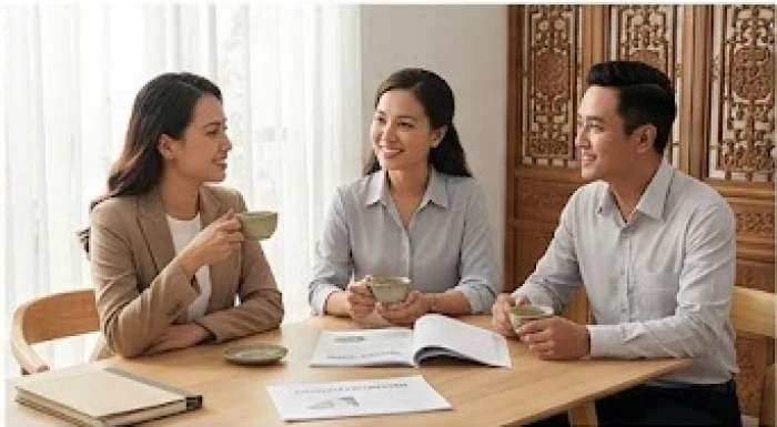 Ba người đang mỉm cười thảo luận công việc bên bàn cà phê tạo nên bầu không khí hợp tác hài hòa
