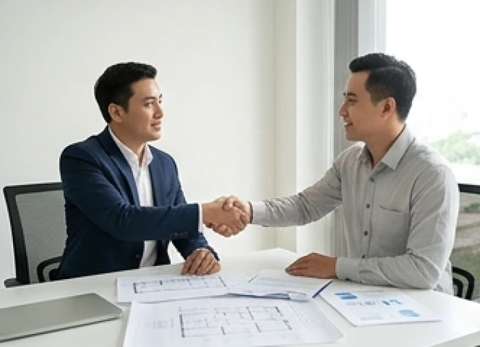 Hai đối tác bắt tay hợp tác đầy tin cậy trong môi trường làm việc chuyên nghiệp với ánh sáng tự nhiên