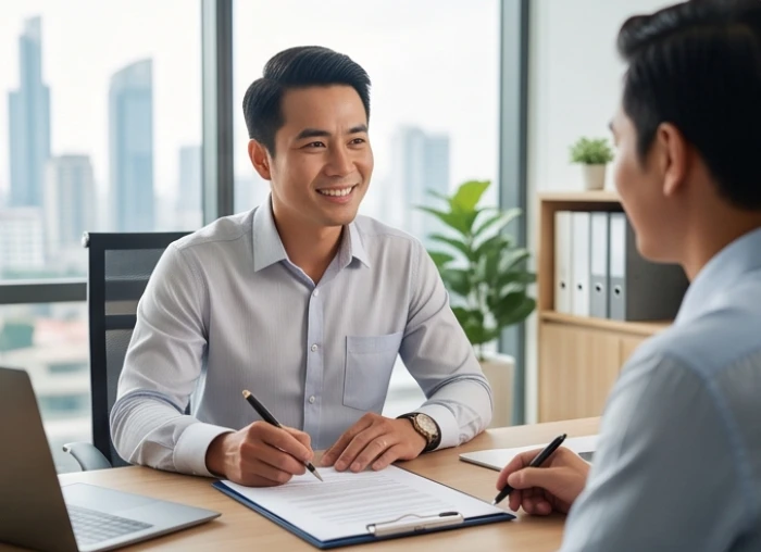 Hai đối tác kinh doanh ký kết hợp đồng dự án thành công nhờ sự tương sinh Kim sinh Thủy