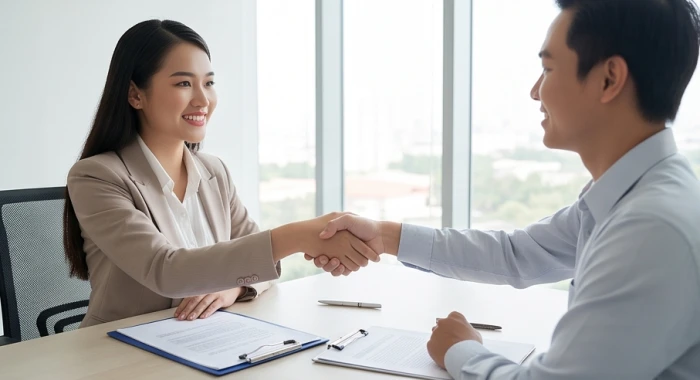 Hai đối tác kinh doanh nữ và nam thảo luận hợp đồng thành công tại văn phòng làm việc hiện đại