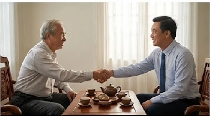 Hai người đàn ông đang bắt tay thỏa thuận hợp tác trên bàn trà với sự tin cậy và tôn trọng lẫn nhau