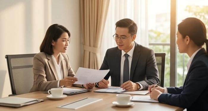 Cuộc gặp gỡ đối tác kinh doanh cởi mở bên bàn làm việc hiện đại cùng hợp đồng thỏa thuận hợp tác