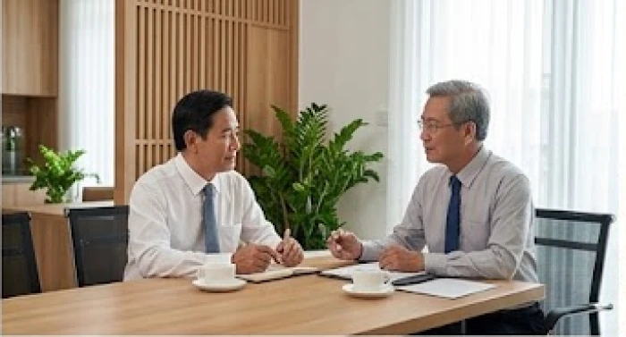 Hai đối tác kinh doanh trung niên thảo luận công việc cởi mở trong văn phòng trang trí nội thất gỗ hành Mộc
