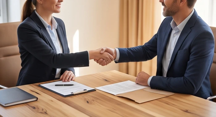 Hai doanh nhân đang bắt tay đàm phán vui vẻ bên chiếc bàn làm việc bằng gỗ tự nhiên