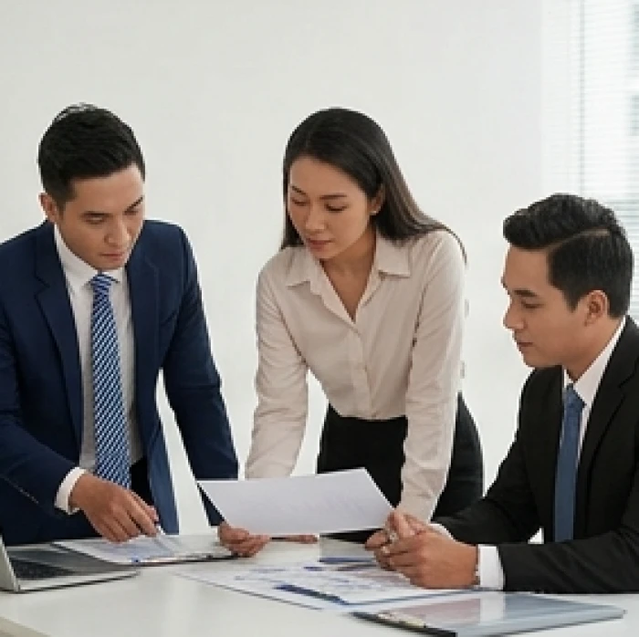Nhóm làm việc đang cùng nhau xem xét tài liệu trên bàn để thống nhất các quy trình