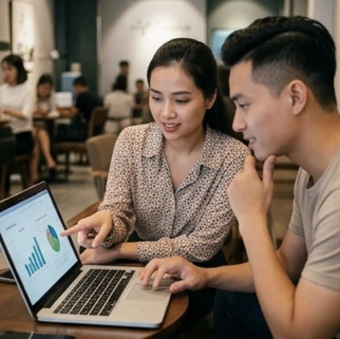 Hai đồng nghiệp đang thảo luận chiến lược trên bàn làm việc một cách vui vẻ và cởi mở
