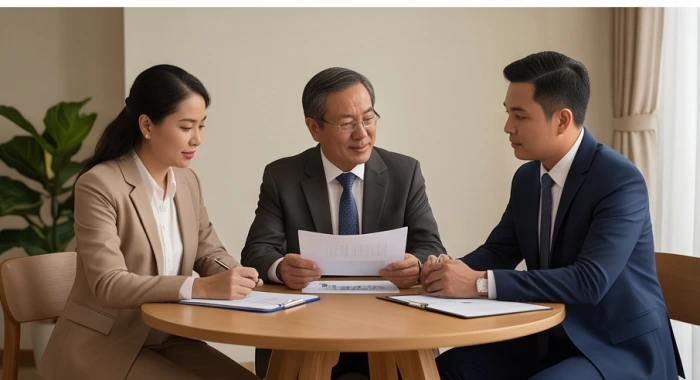 Ba người đồng nghiệp đang cùng nhau xem xét tài liệu hợp đồng kinh doanh trên bàn làm việc chung