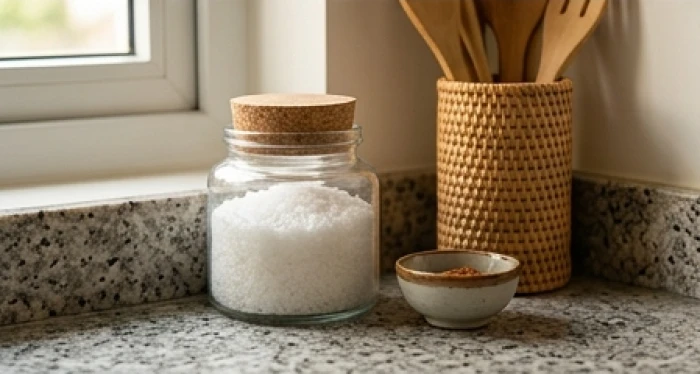 Hũ muối biển sạch đặt gọn gàng ở góc mặt bàn bếp giúp thanh lọc sát khí cho gia chủ sinh năm Tuất