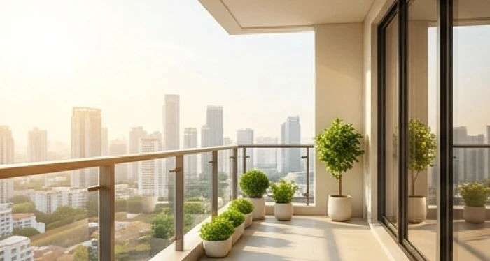 Ban công rộng rãi của một căn hộ chung cư cao cấp đón ánh nắng rực rỡ vào buổi sáng