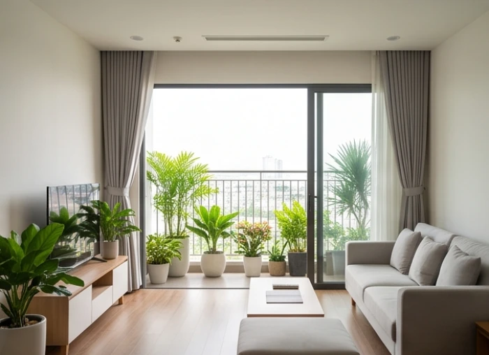 Ban công phòng khách chung cư rộng thoáng ngập ánh sáng tự nhiên đóng vai trò nạp cát khí cho căn hộ