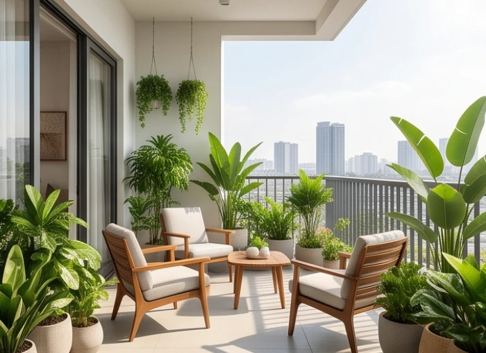 Khu vực ban công căn hộ tràn ngập ánh nắng ban mai và cây xanh hợp phong thủy Đông tứ trạch