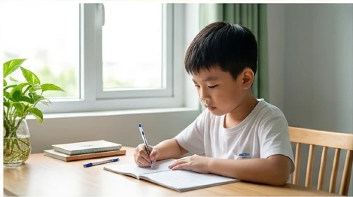Bé trai ngồi học bài với tư thế ngay ngắn tại chiếc bàn hướng ra cửa sổ đón ánh sáng trong lành
