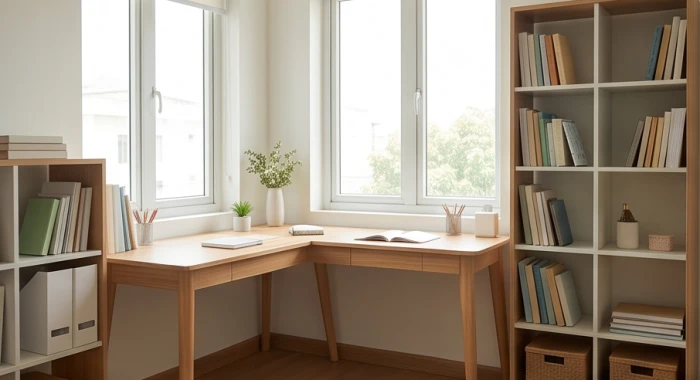 Bàn học bằng gỗ đặt ngăn nắp cạnh cửa sổ hướng đón ánh sáng tốt cho học sinh canh dần 2010