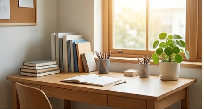Góc bàn học bằng gỗ gọn gàng xoay về hướng tốt chuẩn phong thủy hỗ trợ tuổi tân mão 2011 tiếp thu kiến thức