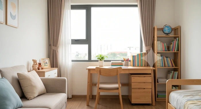 Bố trí bàn học nhìn về hướng Đông Nam bên cửa sổ ngập tràn ánh sáng cho bé trai Đinh Dậu 2017