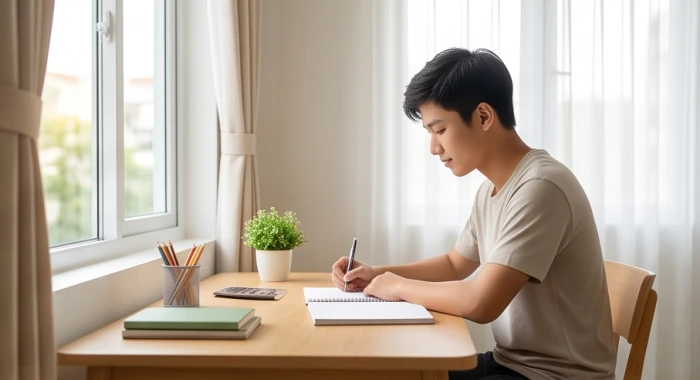 Học sinh nam ngồi học tập trung tại bàn học đặt theo hướng cát lợi Sinh Khí đón ánh sáng tự nhiên