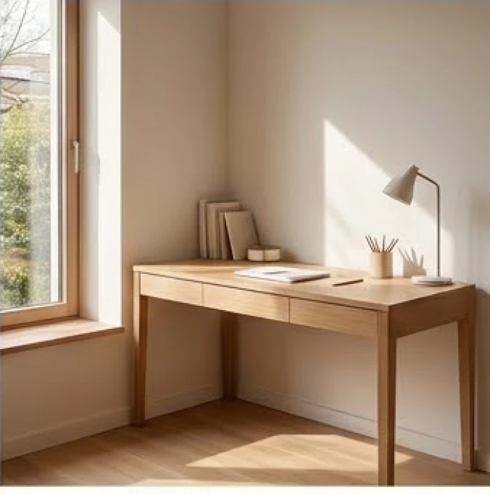 Bàn học ngăn nắp với cửa sổ đón ánh sáng tự nhiên từ góc chếch 45 độ phía trước mặt người ngồi học