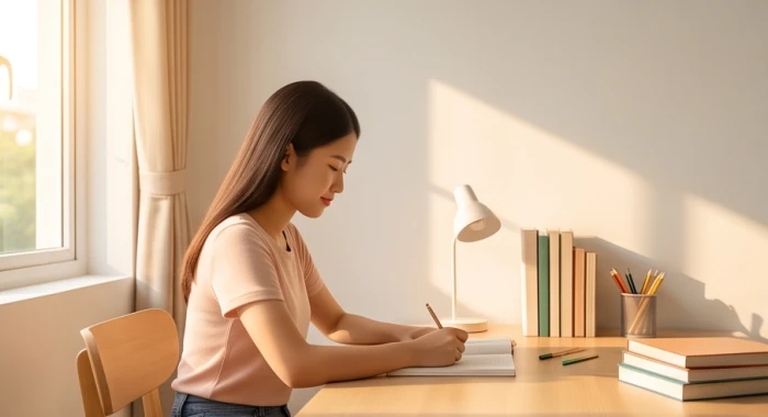 Nữ sinh Kỷ Sửu ngồi học bên bàn làm việc hướng Tây đón sinh khí giúp tinh thần minh mẫn và sáng tạo