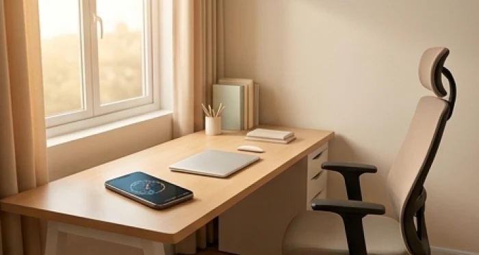 Bàn học bằng gỗ tự nhiên đặt hướng Tây Nam đón Sinh Khí có lưng tựa tường vững chắc cho nữ Mậu Tý