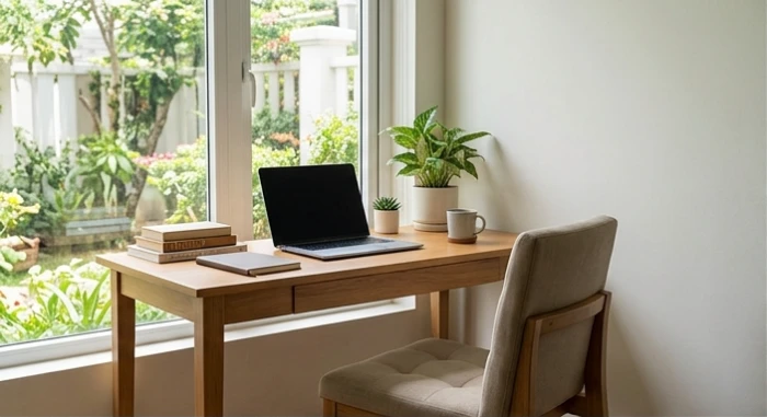 Góc học tập nhỏ xinh với chiếc bàn gỗ kê sát tường và chiếc ghế tựa lưng vững chãi hướng ra cửa sổ