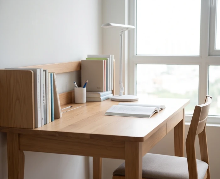Bàn học bằng gỗ đặt hướng ra cửa sổ đón ánh sáng tự nhiên đúng hướng Sinh Khí hỗ trợ sự tập trung cho trẻ Mậu Tuất