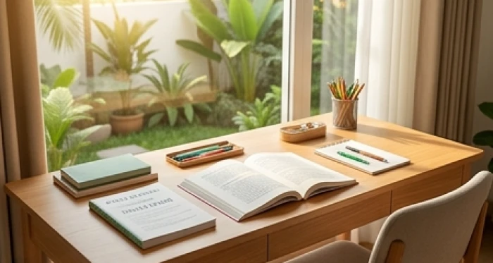 Bàn học gỗ hướng ra cửa sổ đón ánh sáng tự nhiên tại cung Sinh Khí mang lại năng lượng cát lành cho tuổi Mậu Tý 2008