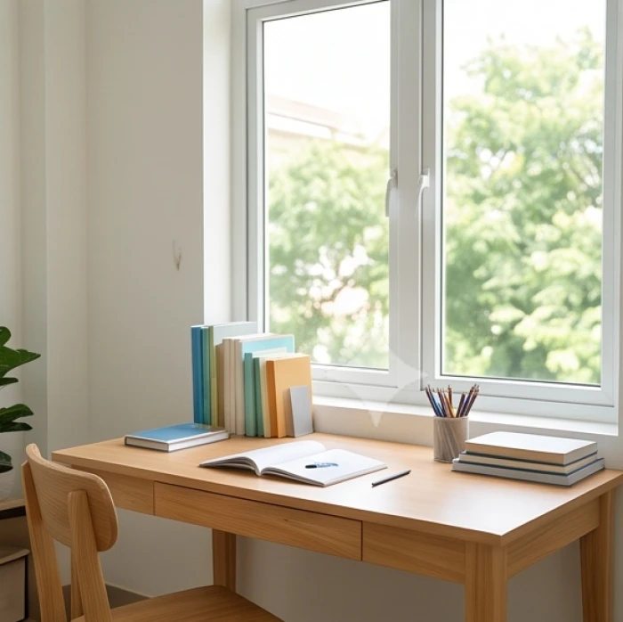 Bàn học bằng gỗ được bố trí nghiêng nhẹ góc 20 độ cạnh cửa sổ lớn đón ánh sáng tự nhiên ôn hòa