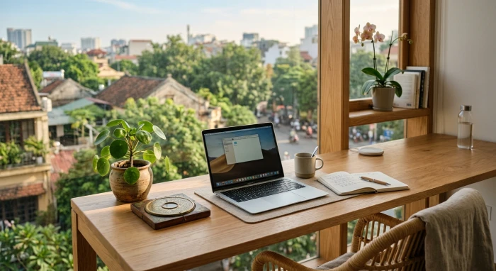 Không gian văn phòng hiện đại với cách bố trí hướng bàn làm việc hợp tuổi hợi giúp thu hút tài lộc và vượng khí