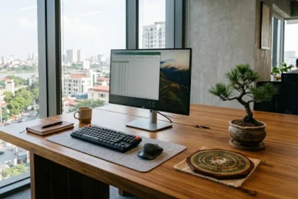 Một góc văn phòng làm việc hiện đại được bố trí hướng bàn làm việc hợp tuổi mão giúp luân chuyển vượng khí