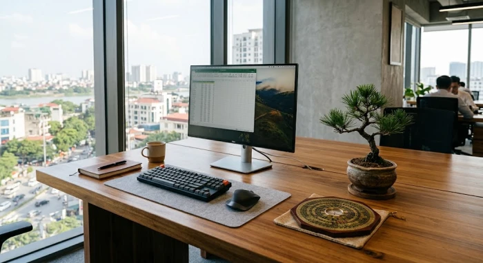 Một góc văn phòng làm việc hiện đại được bố trí hướng bàn làm việc hợp tuổi mão giúp luân chuyển vượng khí