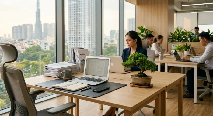 Không gian văn phòng hiện đại bố trí chuẩn hướng bàn làm việc hợp tuổi tý giúp mang lại sự tập trung và may mắn