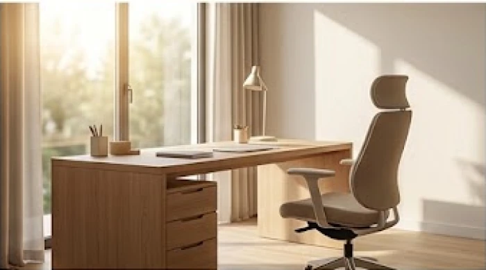 Bàn làm việc bằng gỗ quay về hướng đón ánh sáng tự nhiên với bố cục gọn gàng chuẩn phong thủy