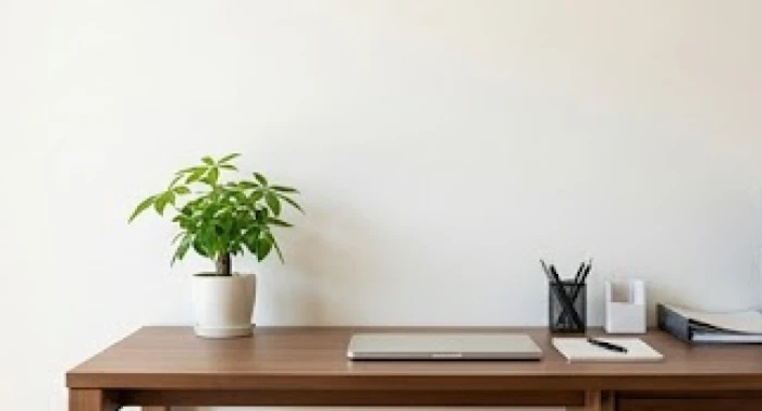 Bàn làm việc bằng gỗ tự nhiên kê sát tường vững chãi với chậu cây xanh nhỏ ở góc bàn