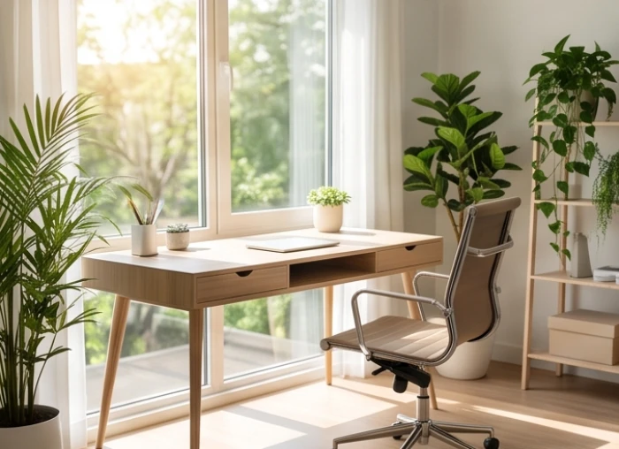 Bàn làm việc bằng gỗ quay về hướng đón ánh sáng tự nhiên với không gian thoáng đãng phía trước